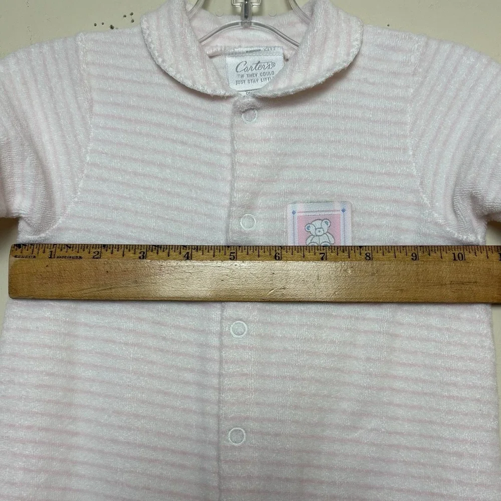VTG Carter's Bear 90s Pink Striped Terry Sleeper Baby One Piece Size 0-3 Months